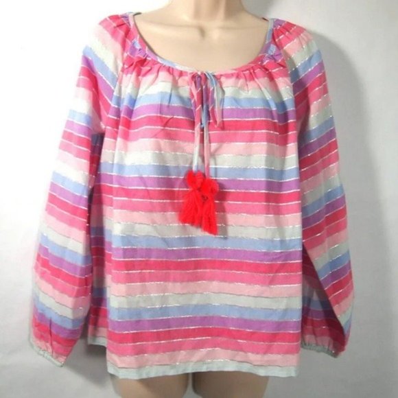 NWT J Crew AM634 Top S Colorful Metallic Candy Stripe Peasant Tassels Long Sleev - Picture 2 of 7